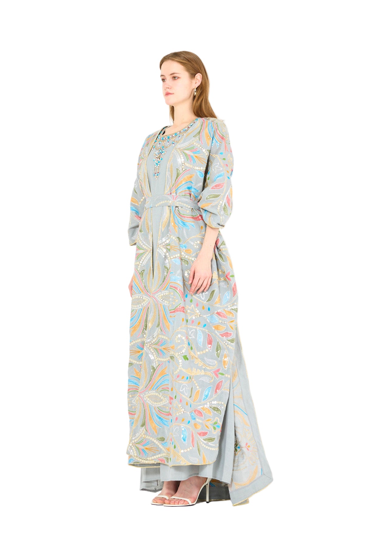 Abstract Multicolor Embroidered Bisht & Dress Set