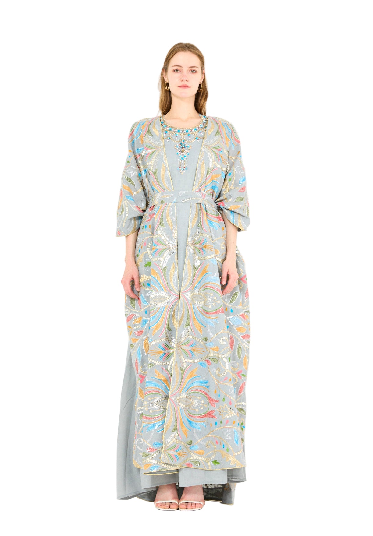 Abstract Multicolor Embroidered Bisht & Dress Set