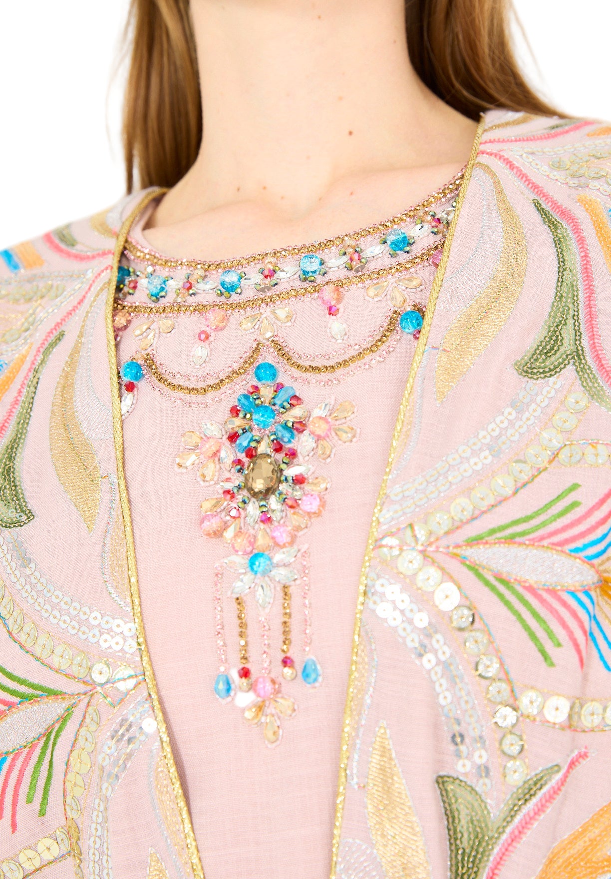 Abstract Multicolor Embroidered Bisht & Dress Set