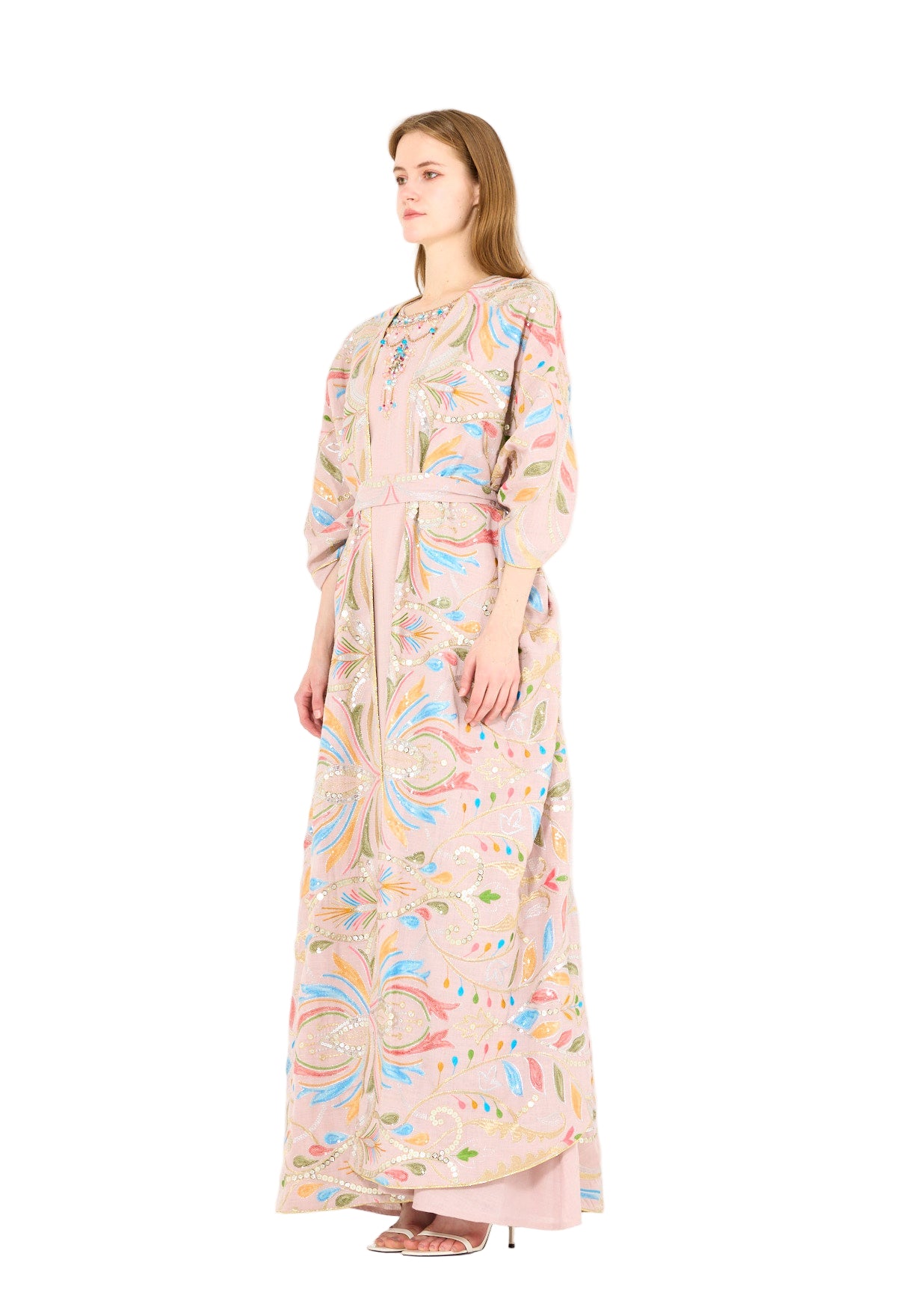 Abstract Multicolor Embroidered Bisht & Dress Set
