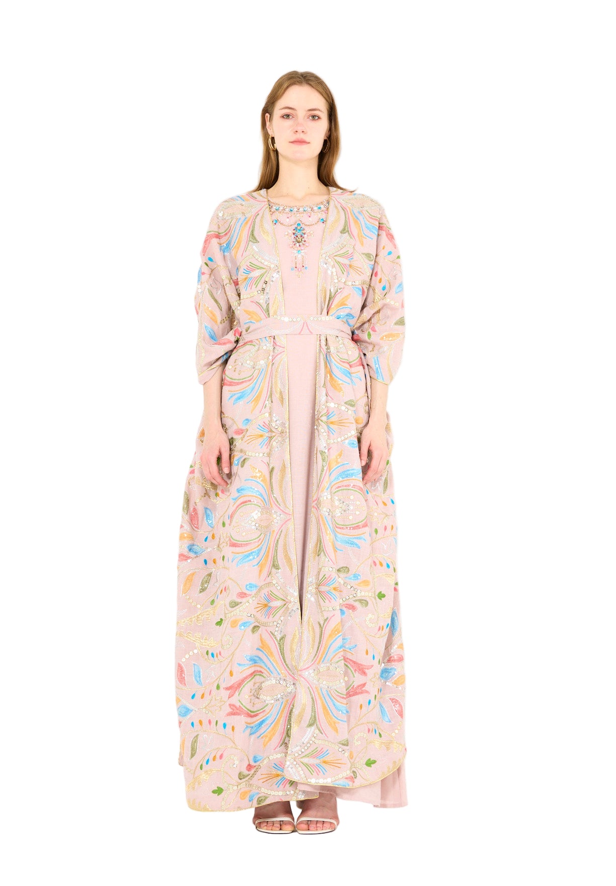 Abstract Multicolor Embroidered Bisht & Dress Set