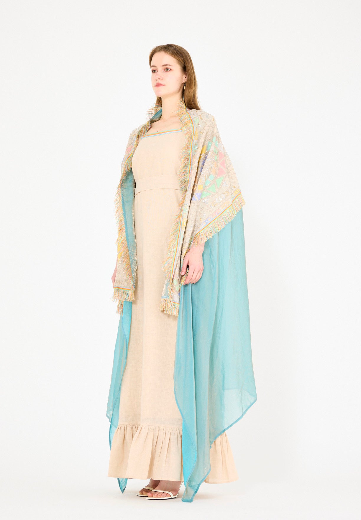 Fringe Accent Embroidered Bisht & Dress Set