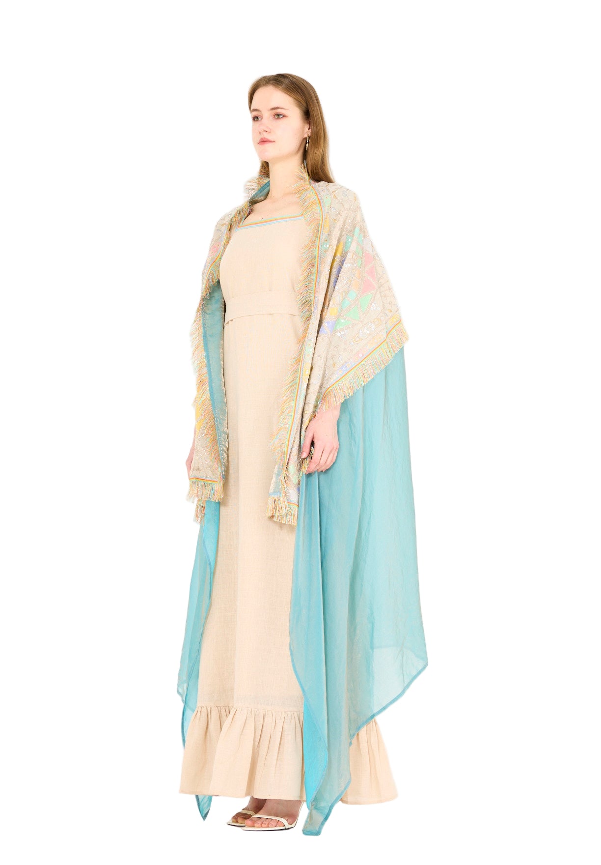 Fringe Accent Embroidered Bisht & Dress Set