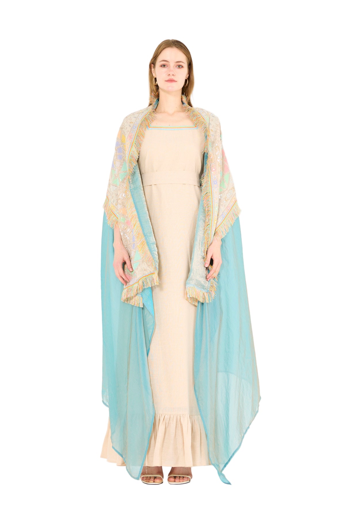 Fringe Accent Embroidered Bisht & Dress Set