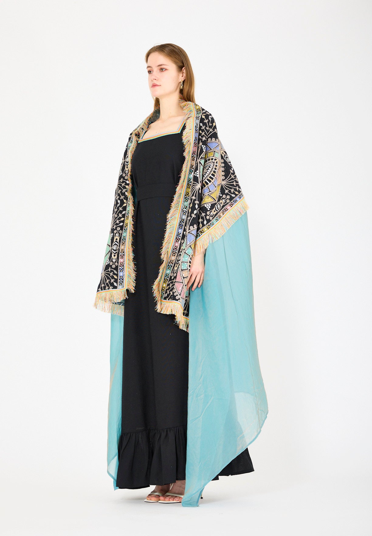 Fringe Accent Embroidered Bisht & Dress Set