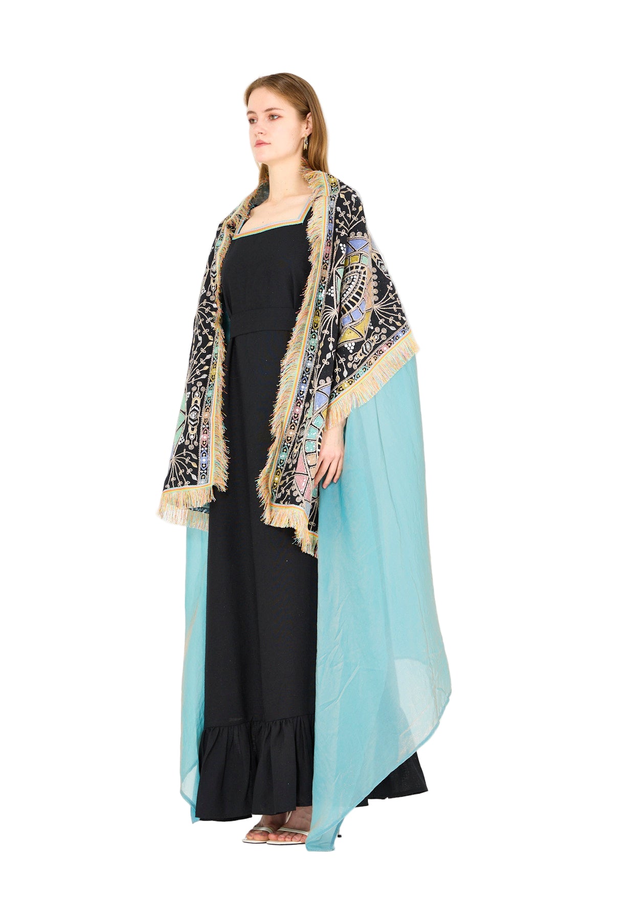 Fringe Accent Embroidered Bisht & Dress Set