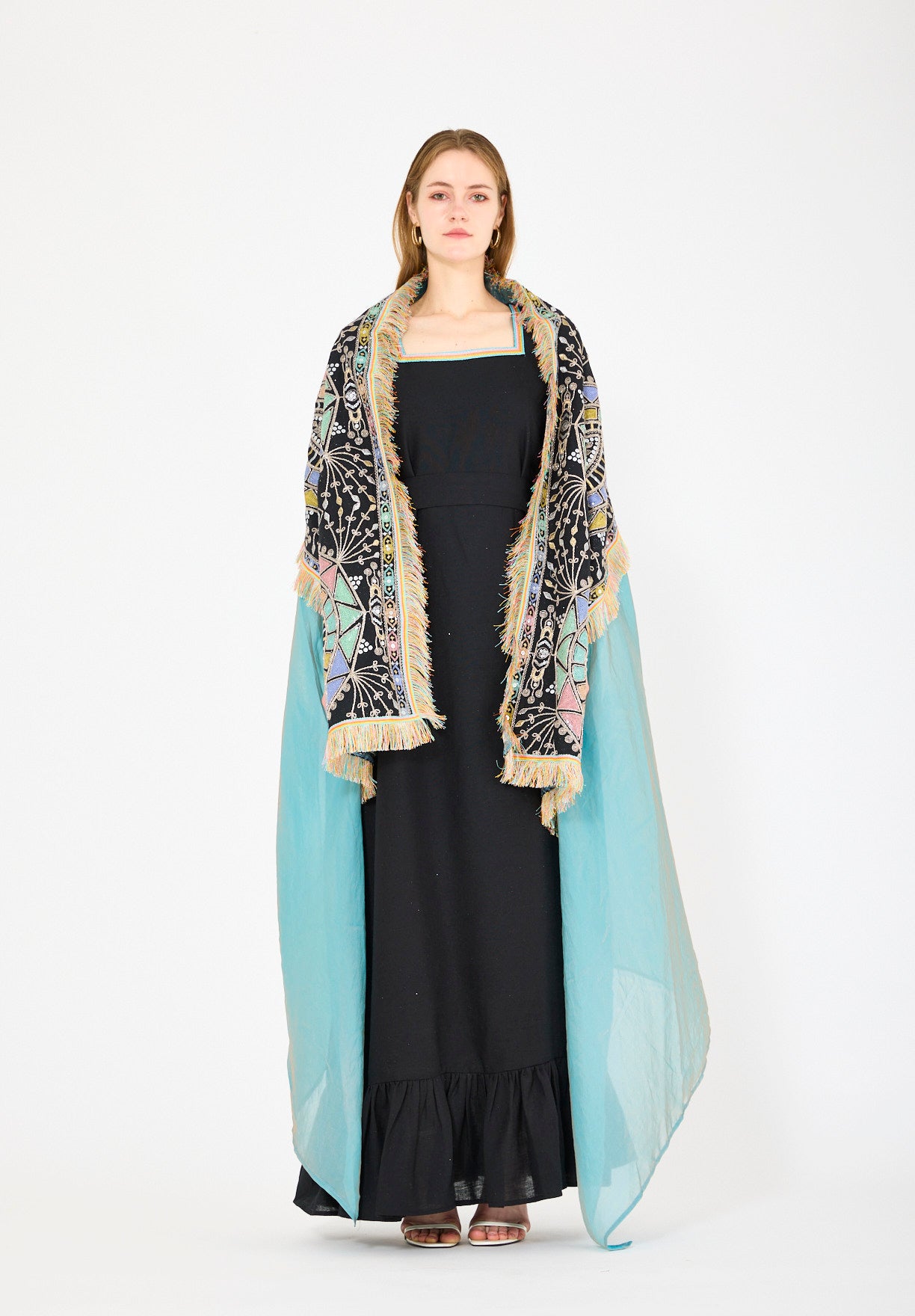 Fringe Accent Embroidered Bisht & Dress Set