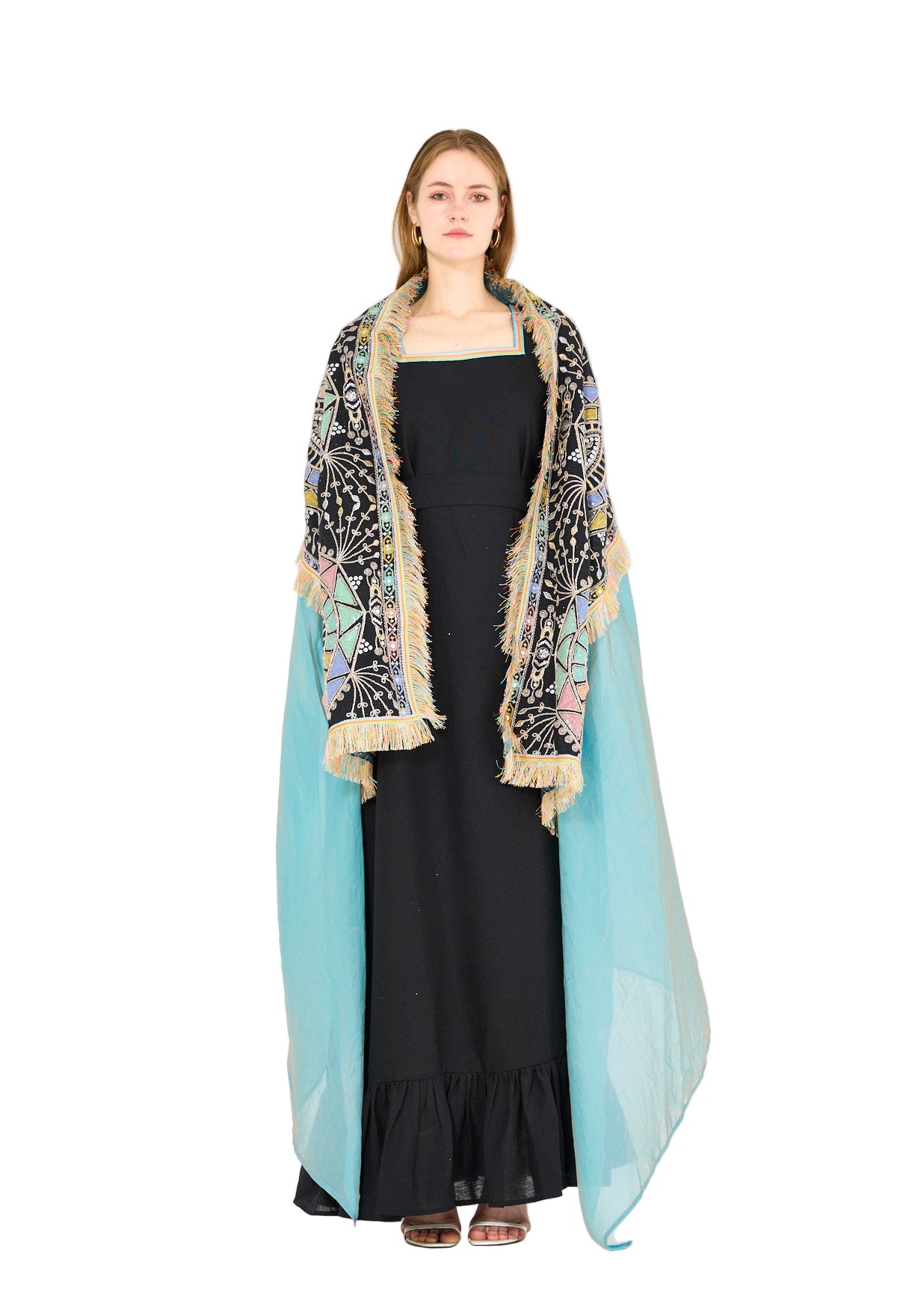 Fringe Accent Embroidered Bisht & Dress Set