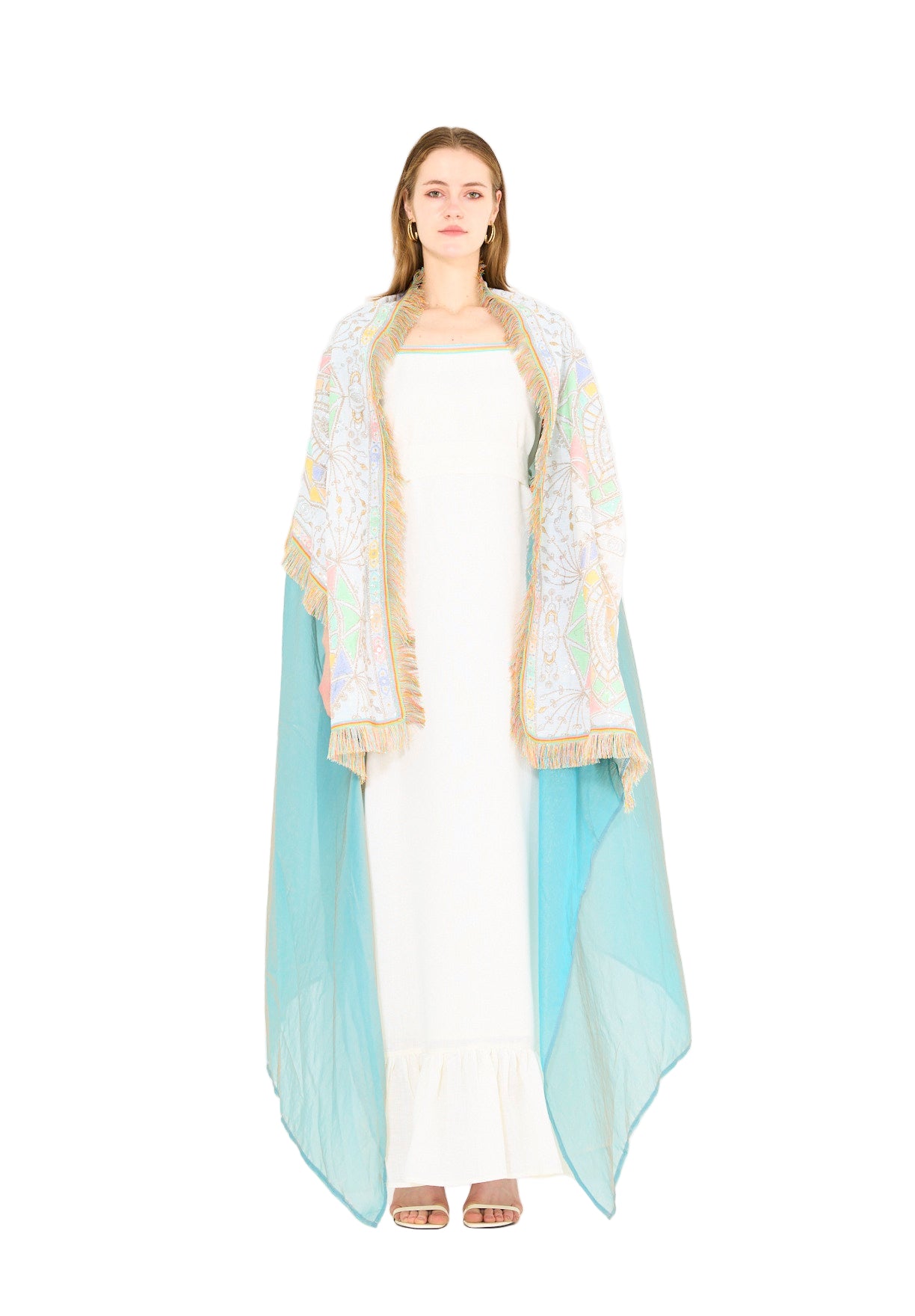 Fringe Accent Embroidered Bisht & Dress Set