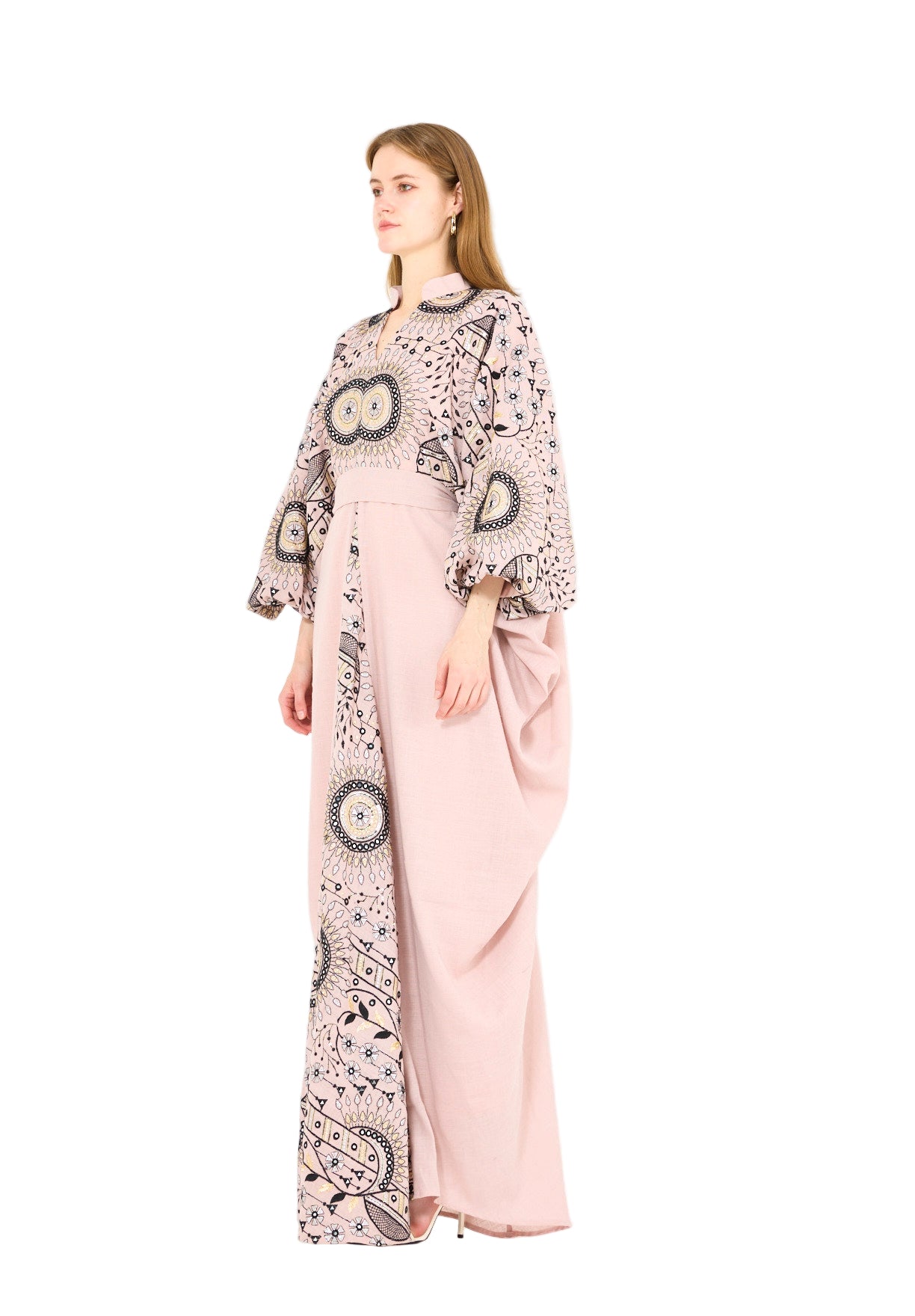 Mandarin Collar Embroidered Draped Jalabiya