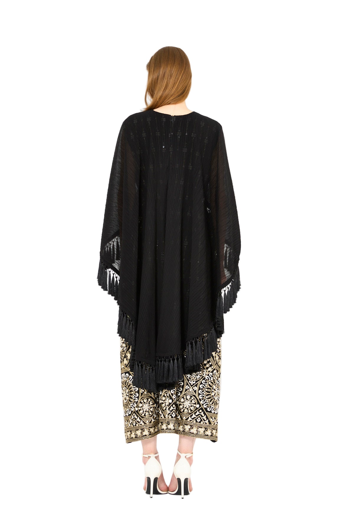 Pleated Cape Overlay Embroidered Dress