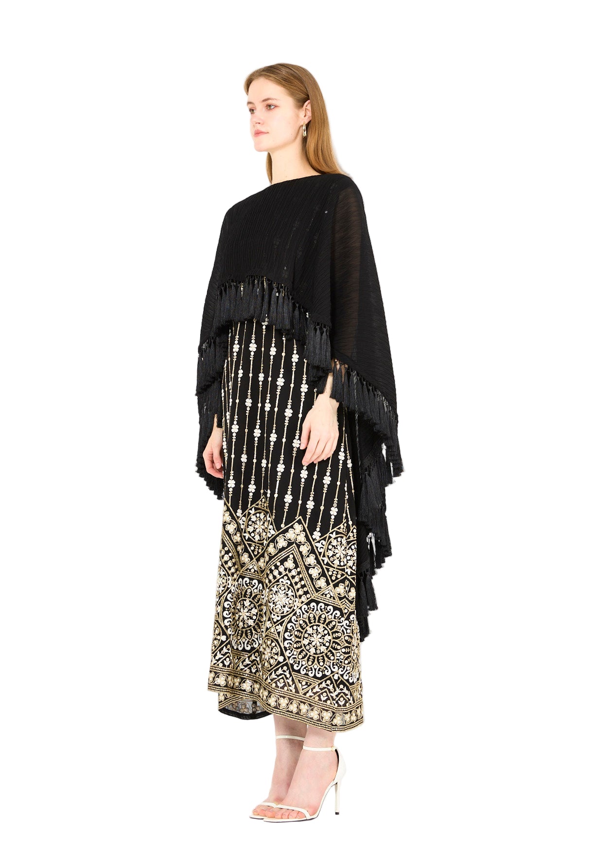 Pleated Cape Overlay Embroidered Dress