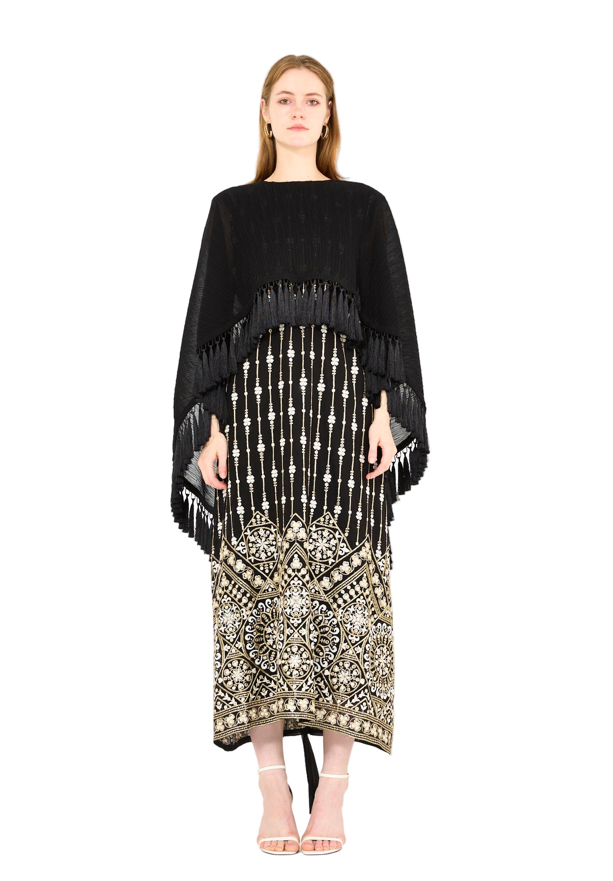 Pleated Cape Overlay Embroidered Dress