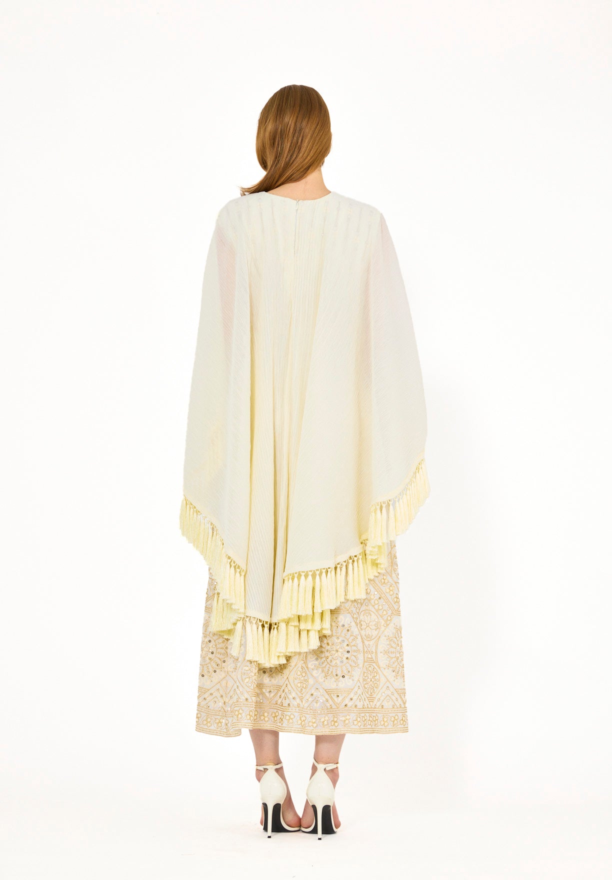 Pleated Cape Overlay Embroidered Dress