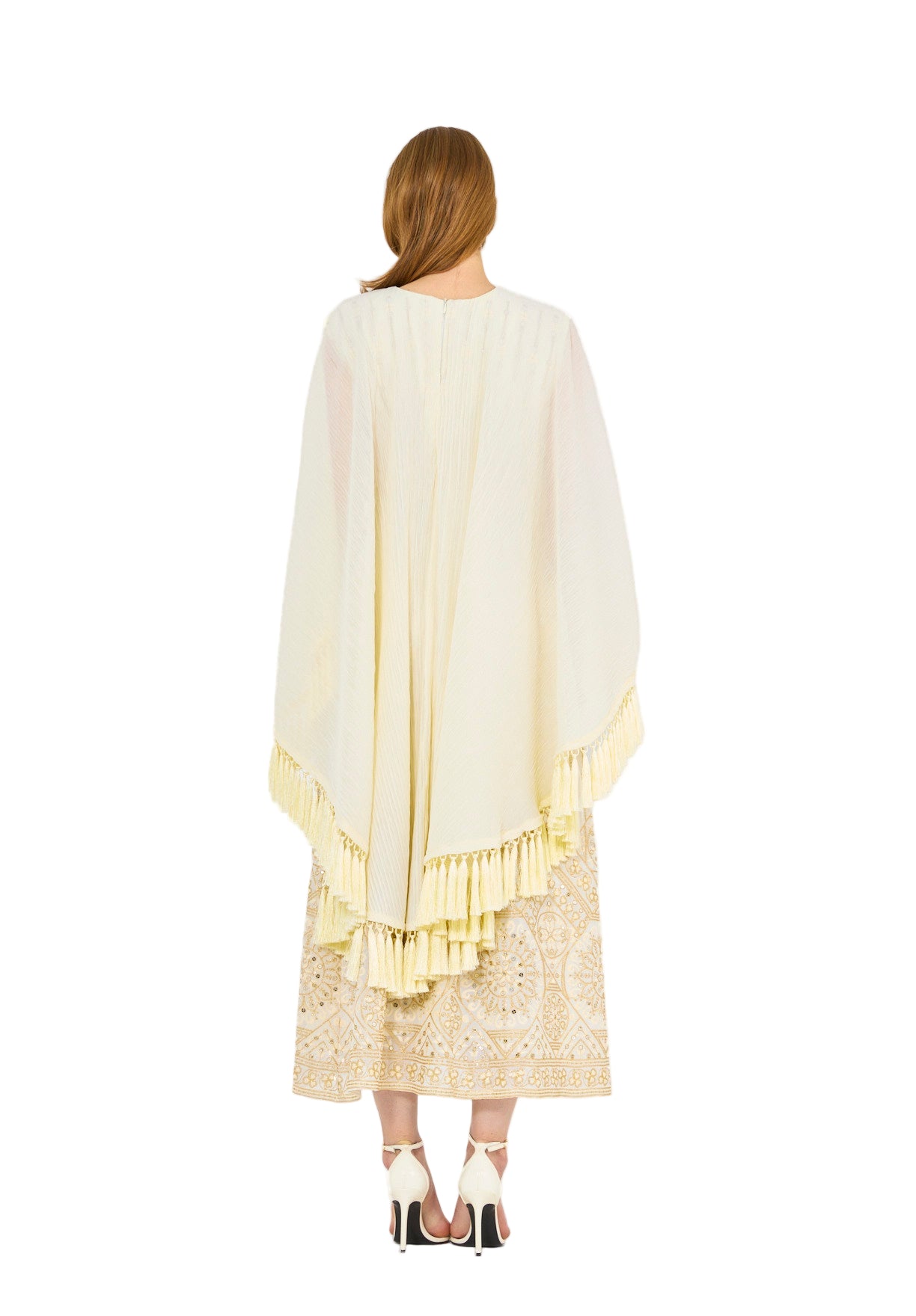 Pleated Cape Overlay Embroidered Dress