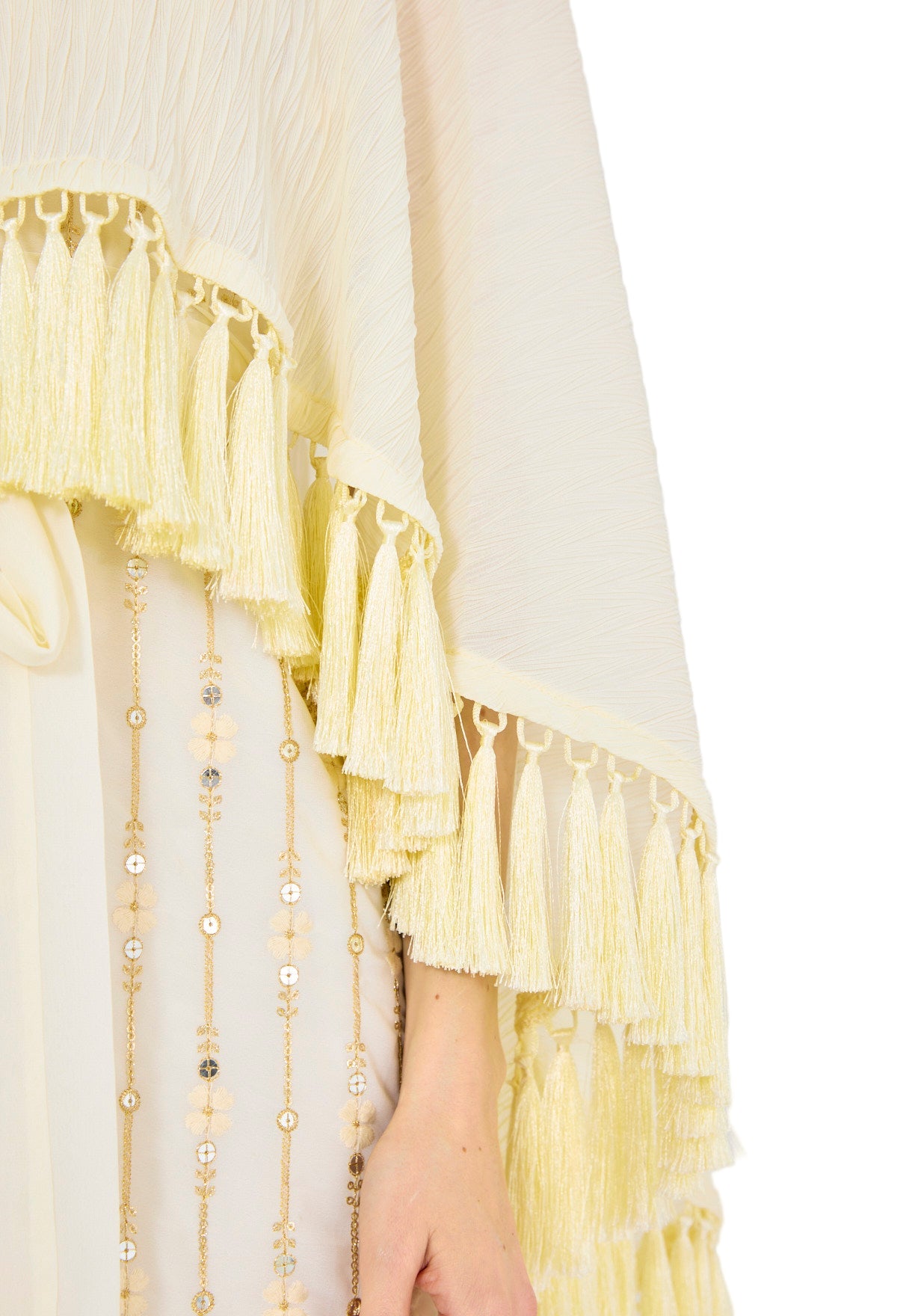 Pleated Cape Overlay Embroidered Dress