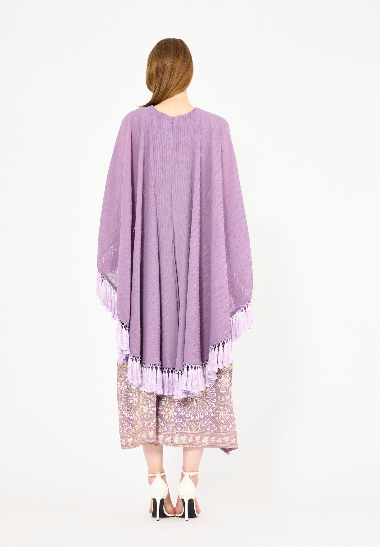 Pleated Cape Overlay Embroidered Dress