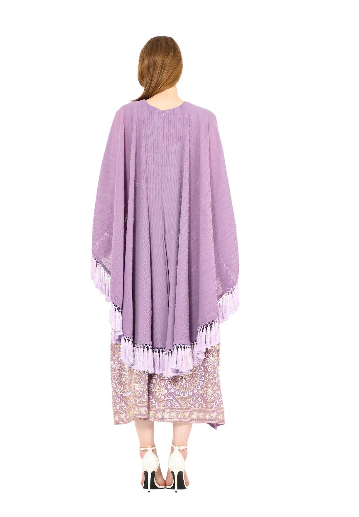 Pleated Cape Overlay Embroidered Dress
