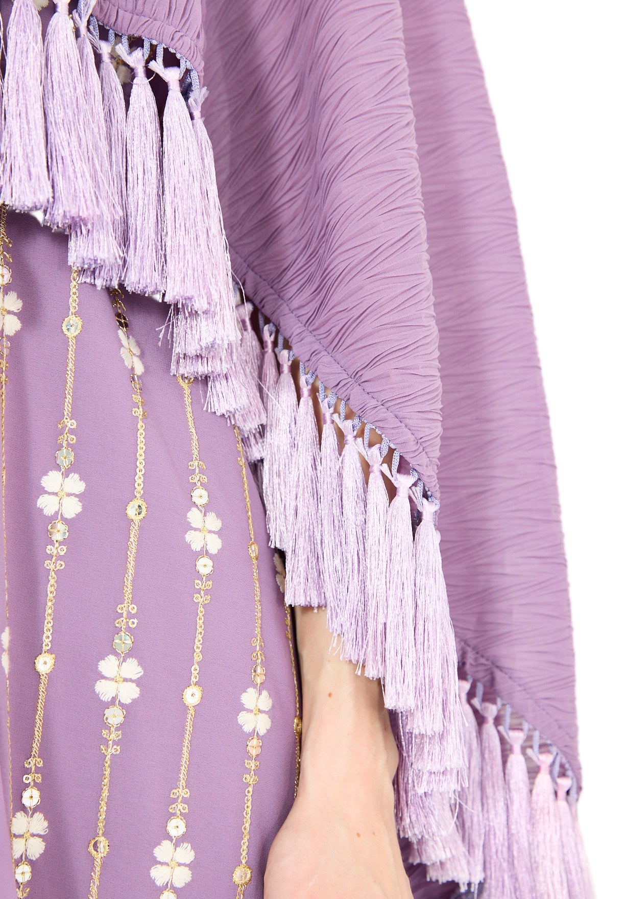 Pleated Cape Overlay Embroidered Dress