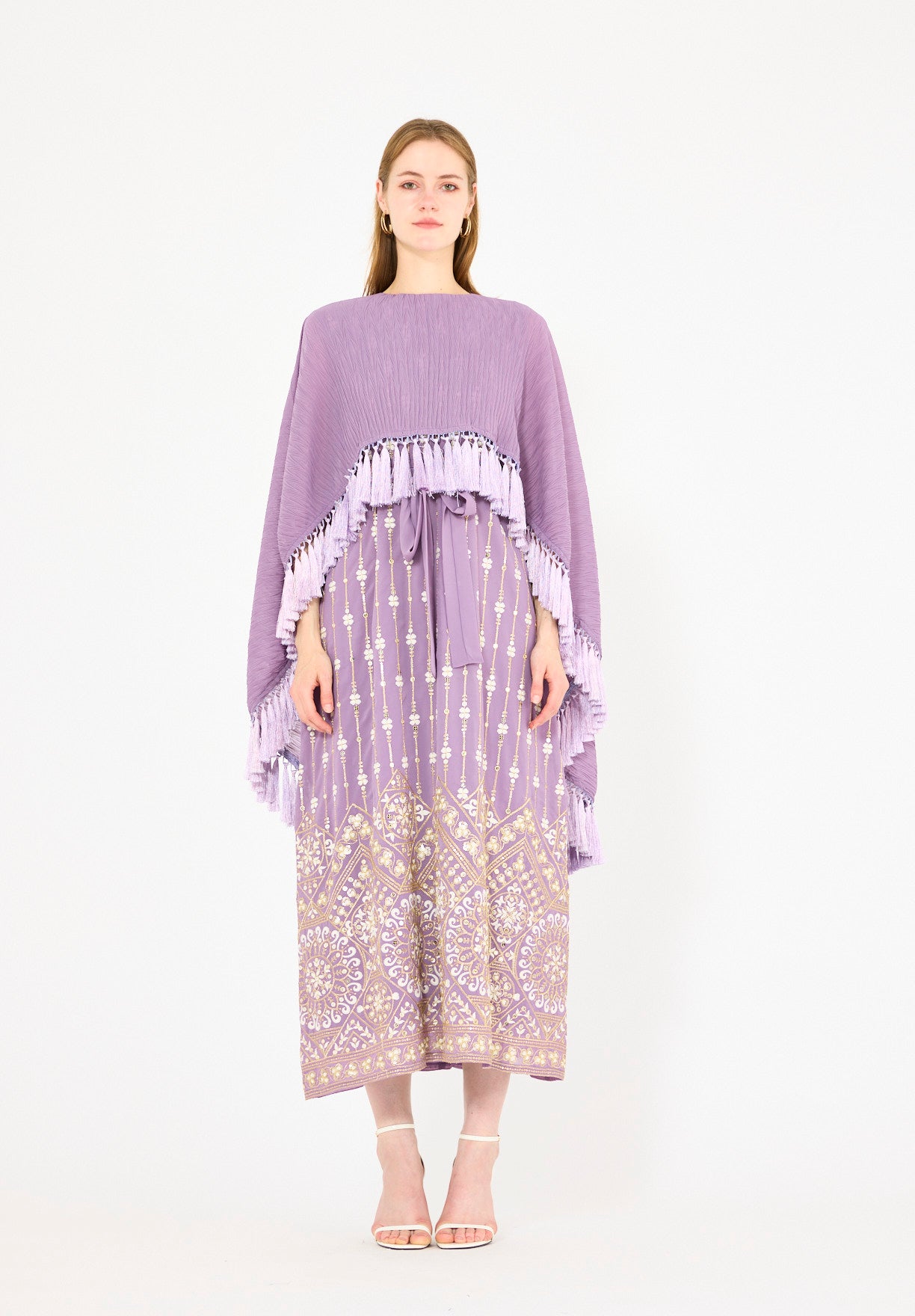Pleated Cape Overlay Embroidered Dress