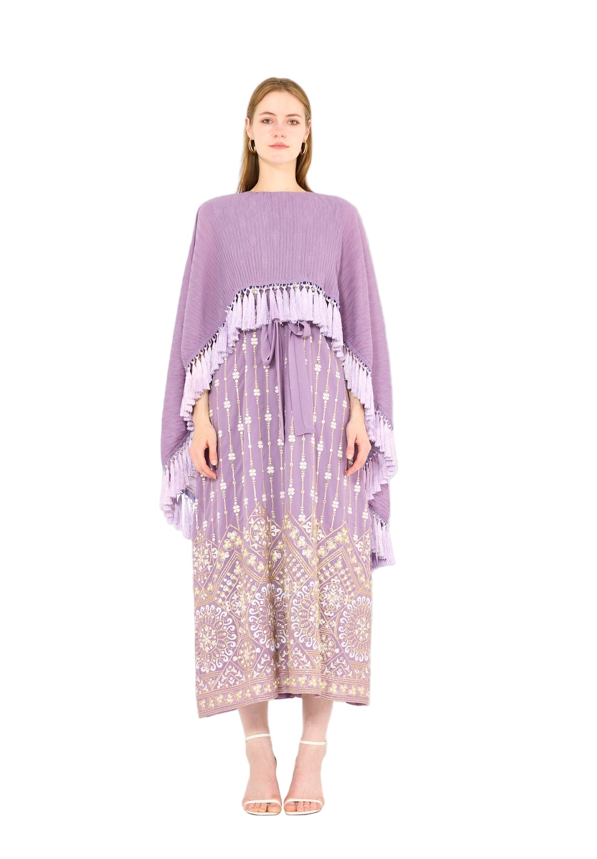 Pleated Cape Overlay Embroidered Dress