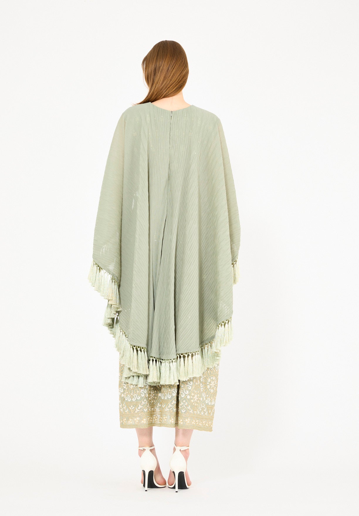 Pleated Cape Overlay Embroidered Dress