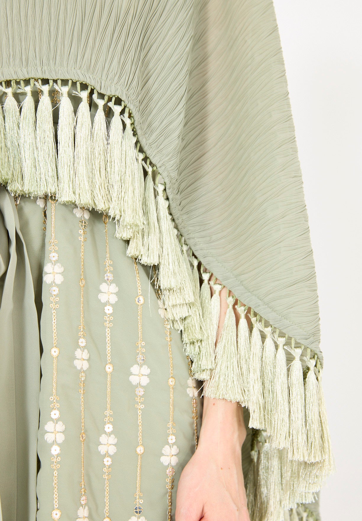 Pleated Cape Overlay Embroidered Dress