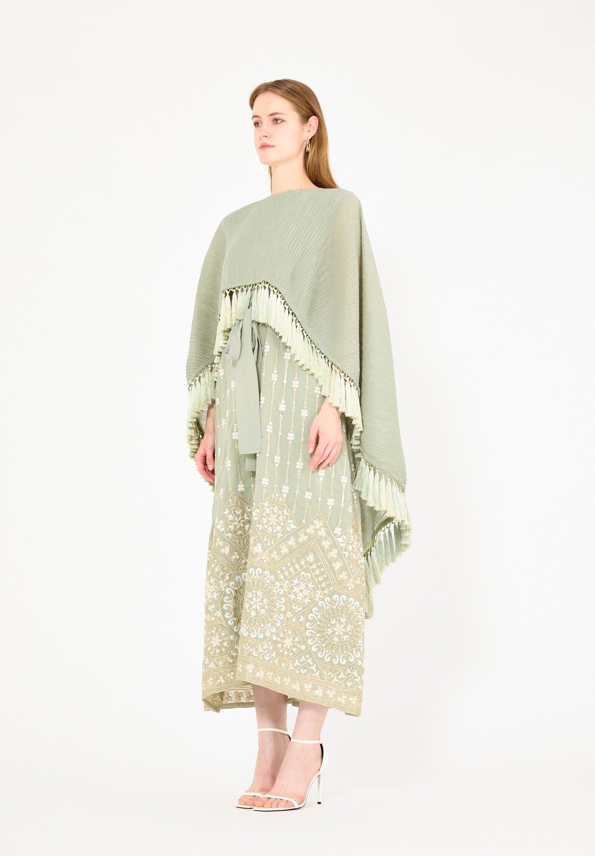 Pleated Cape Overlay Embroidered Dress