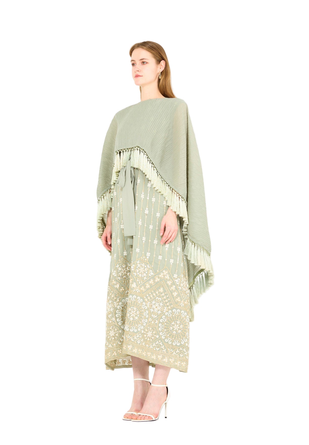 Pleated Cape Overlay Embroidered Dress