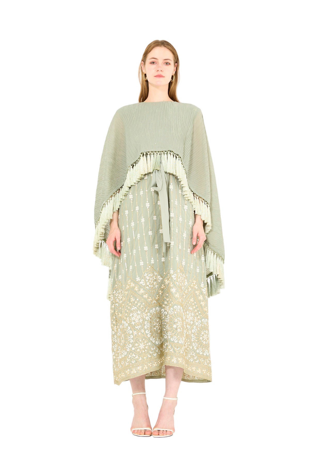 Pleated Cape Overlay Embroidered Dress
