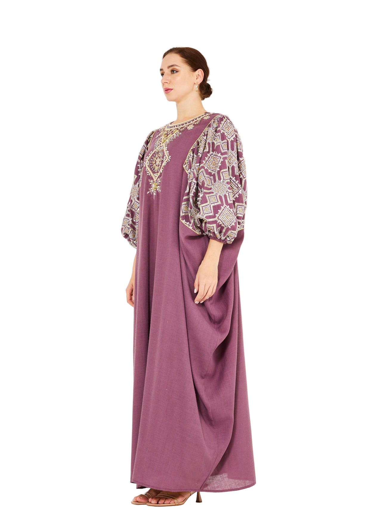 Bead Embellished Cowl Draped Kaftan Dress