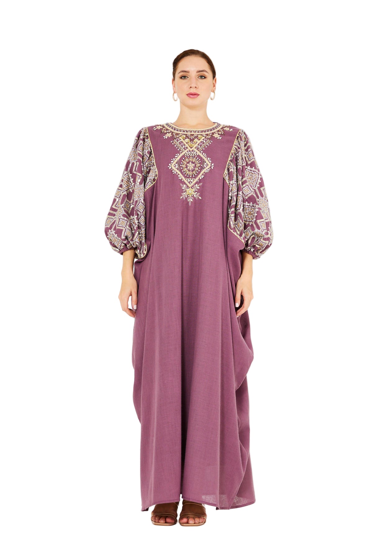 Bead Embellished Cowl Draped Kaftan Dress