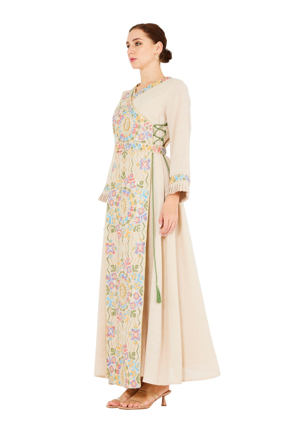 Wrap-Style Embellished Corded Lace Tie-Up Jalabiya