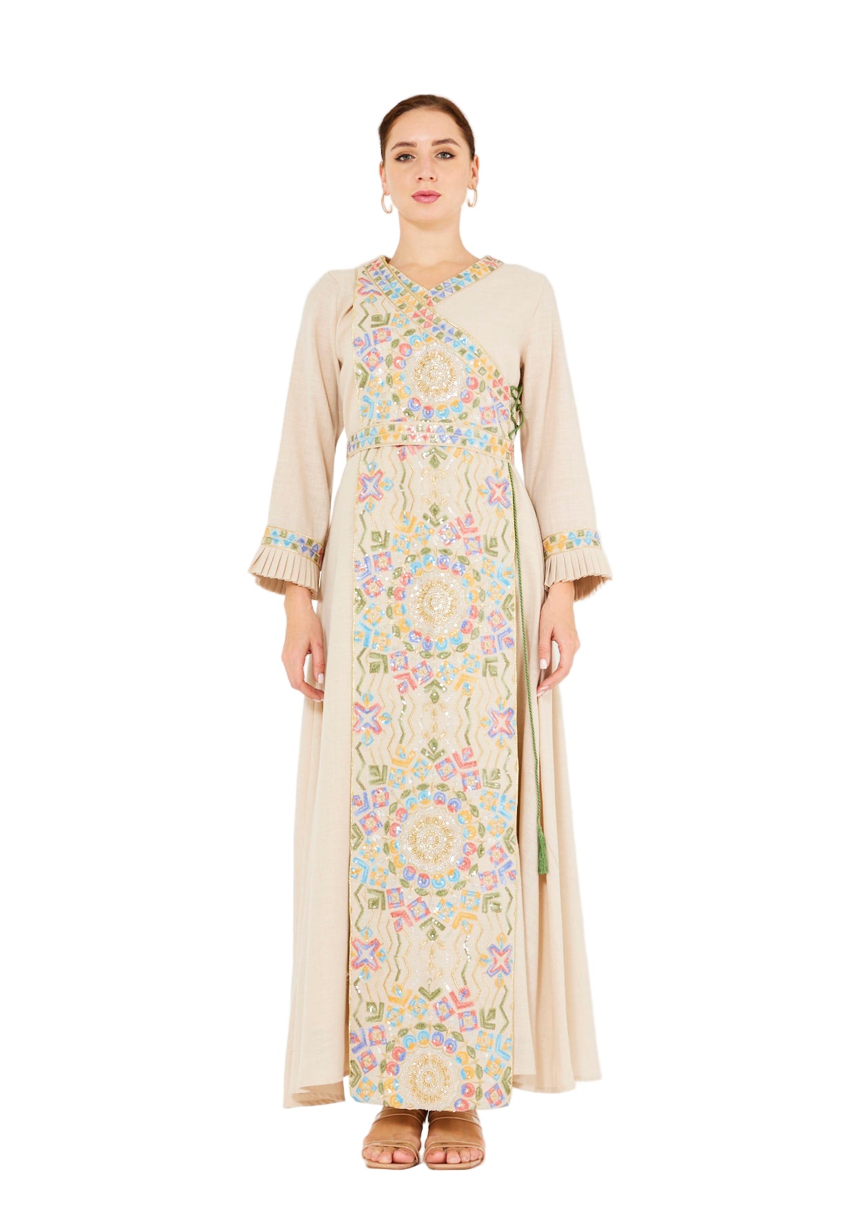 Wrap-Style Embellished Corded Lace Tie-Up Jalabiya