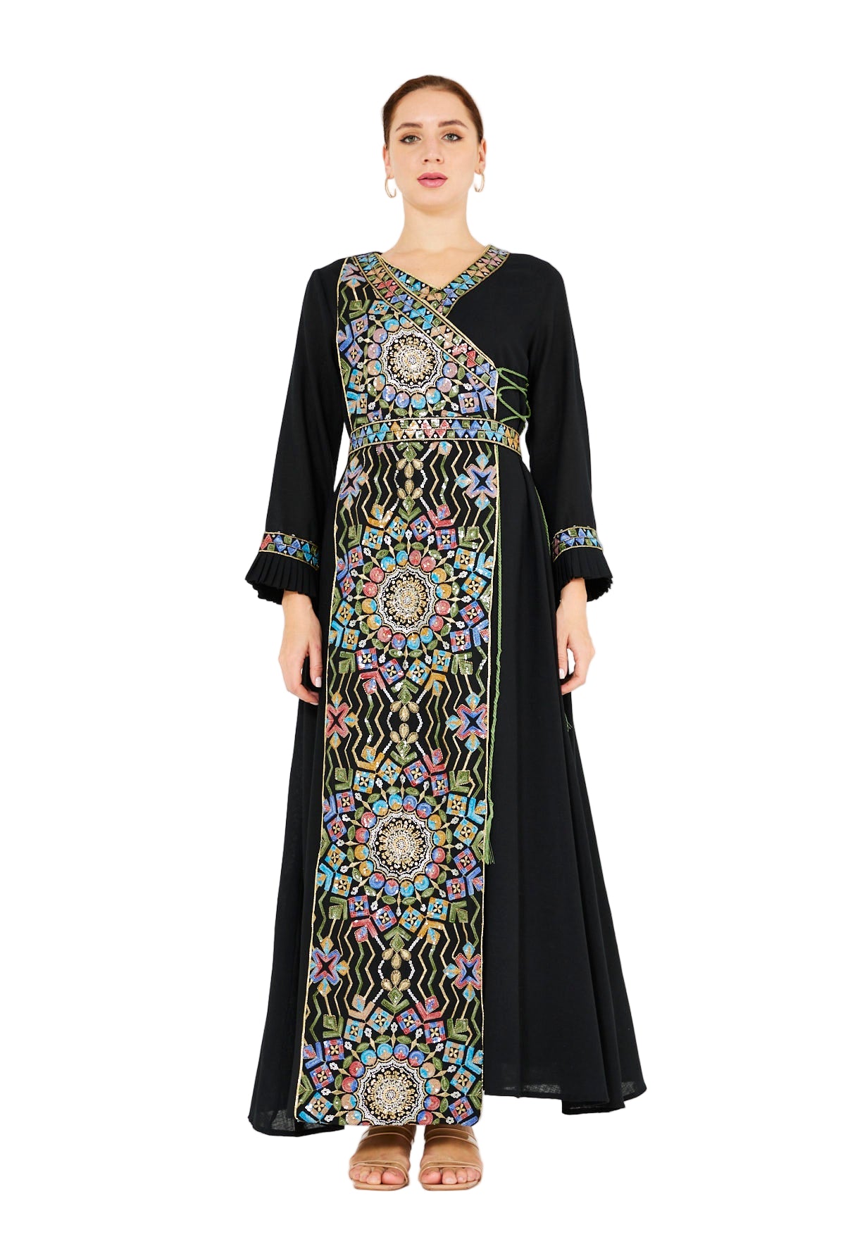 Wrap-Style Embellished Corded Lace Tie-Up Jalabiya