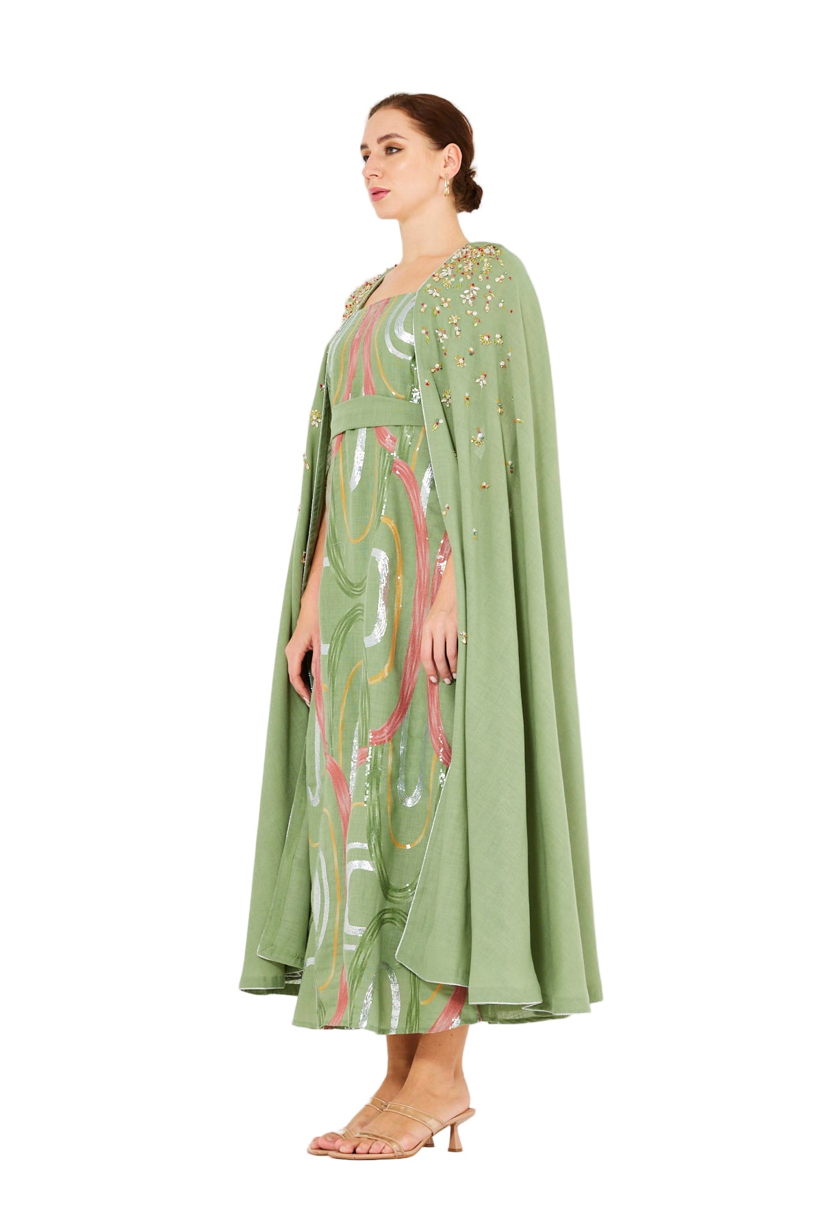 Embellished Cape Sleeve Abstract Pattern Dress