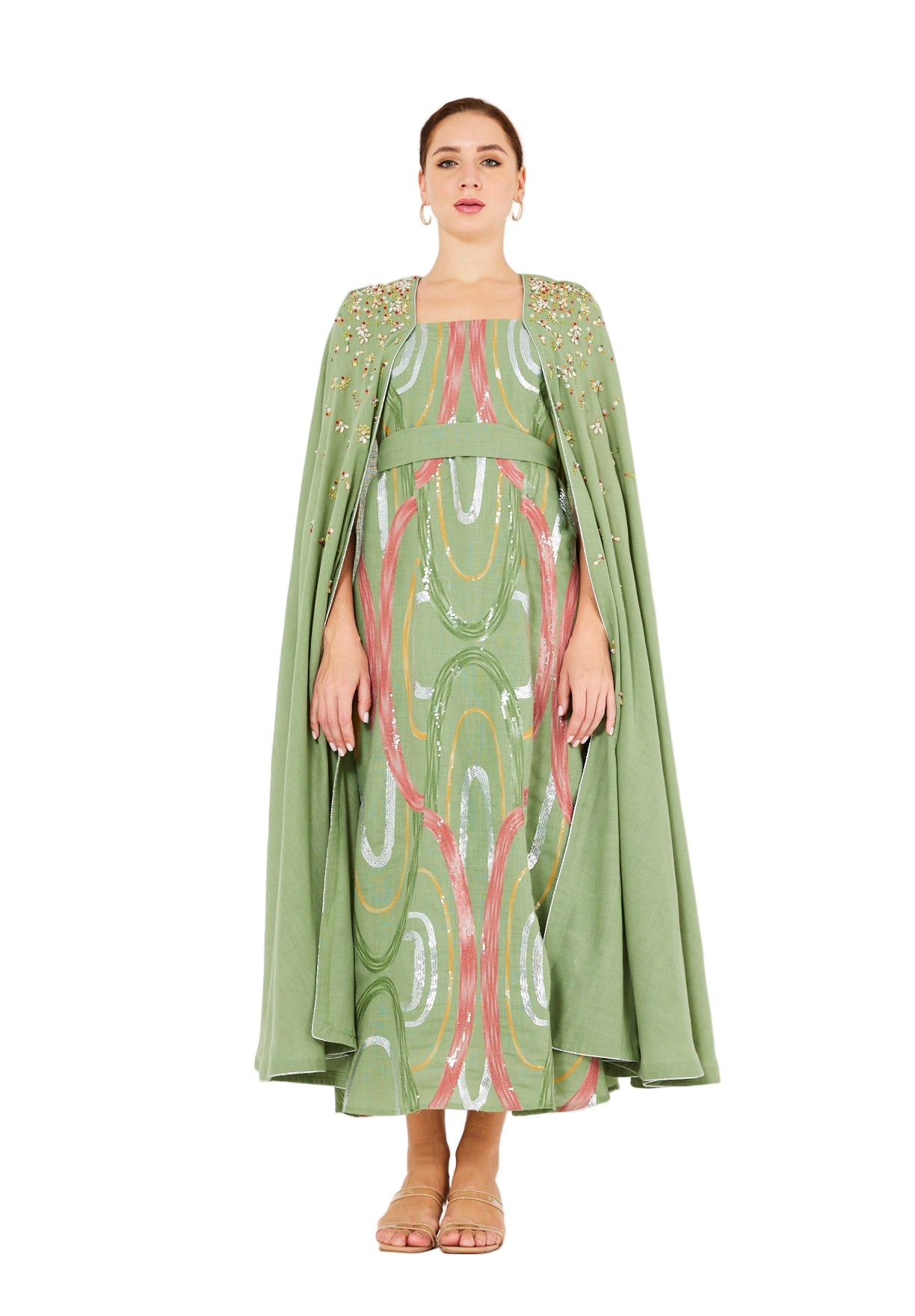 Embellished Cape Sleeve Abstract Pattern Dress