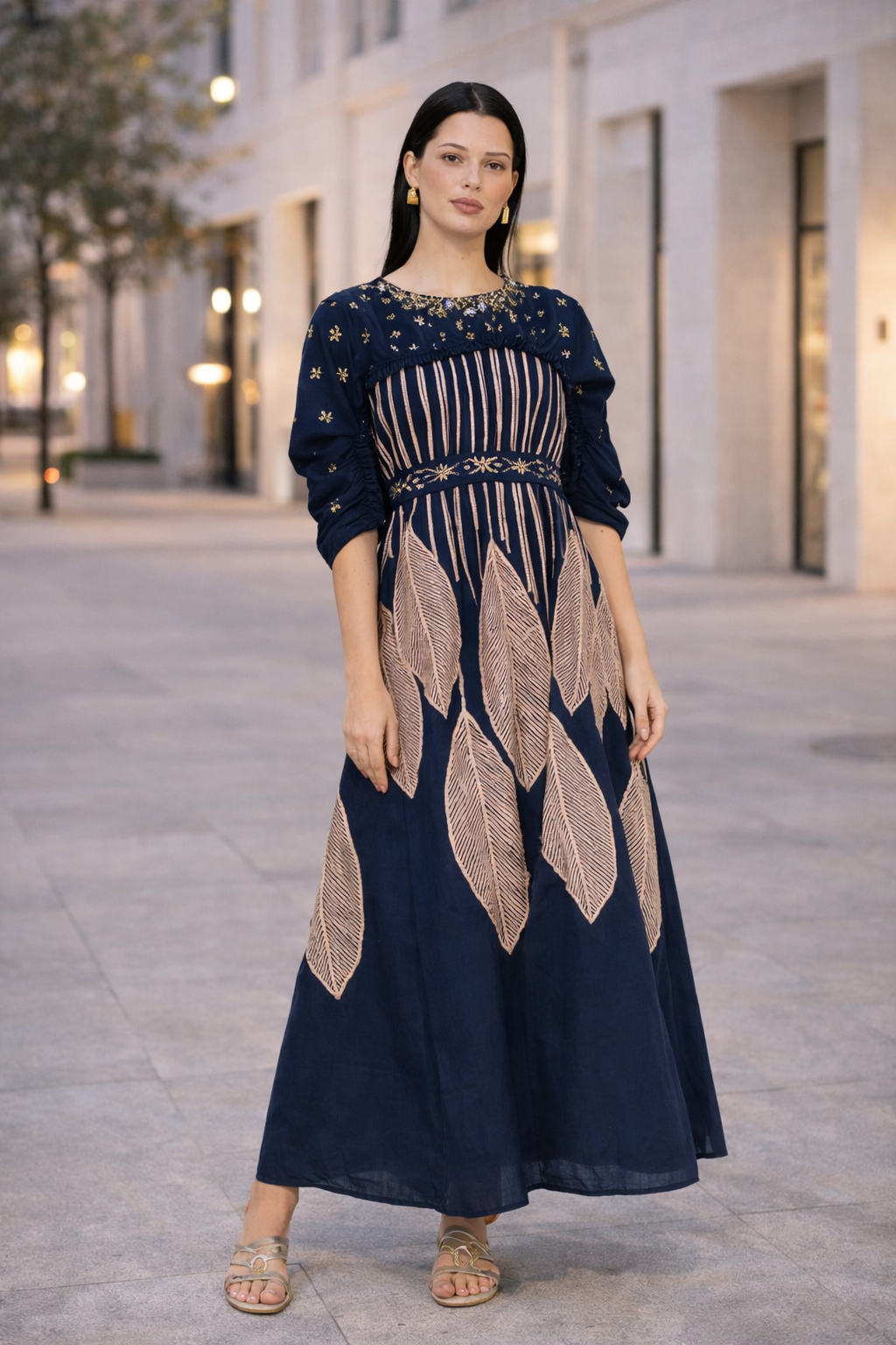 Regal Leaf Embellished Ruched Jalabiya