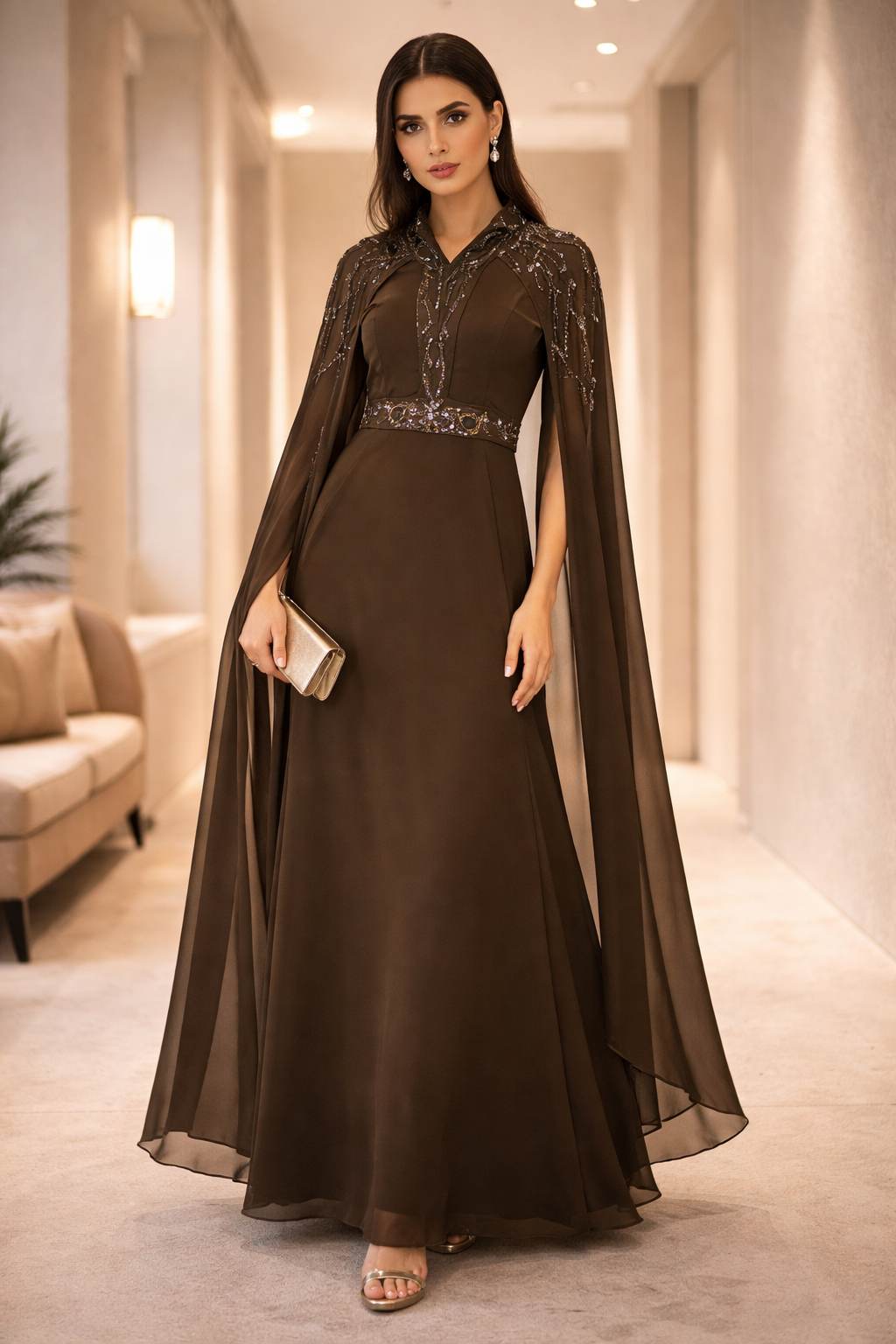 Beaded Cape-Style Maxi Dress