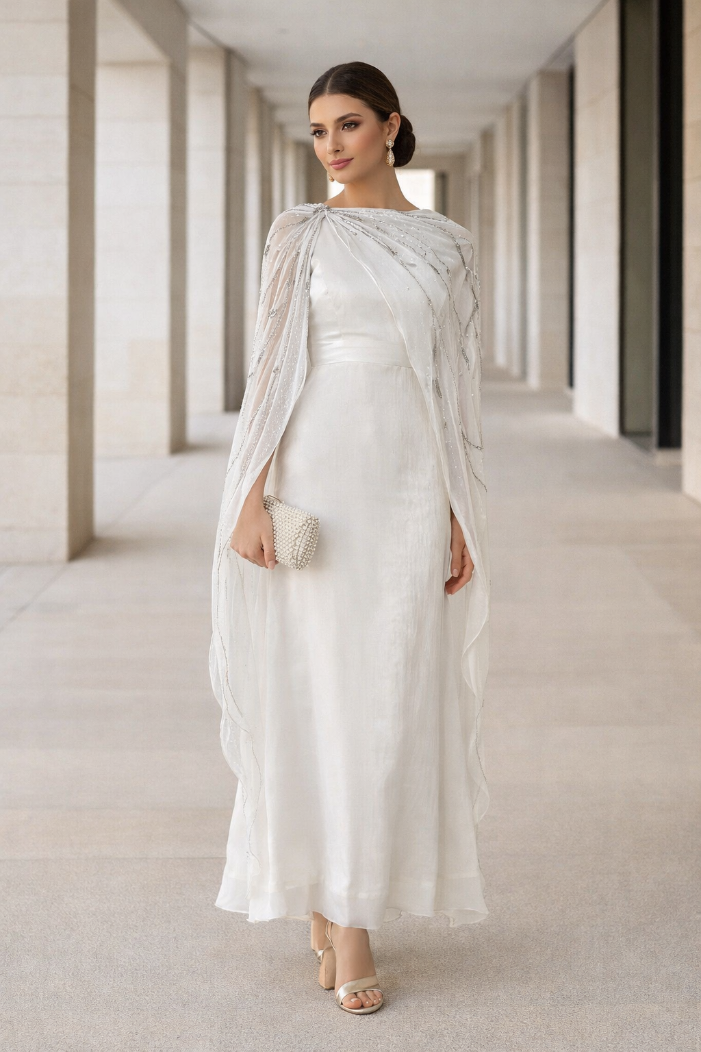 Embellished Draped Cape Gown