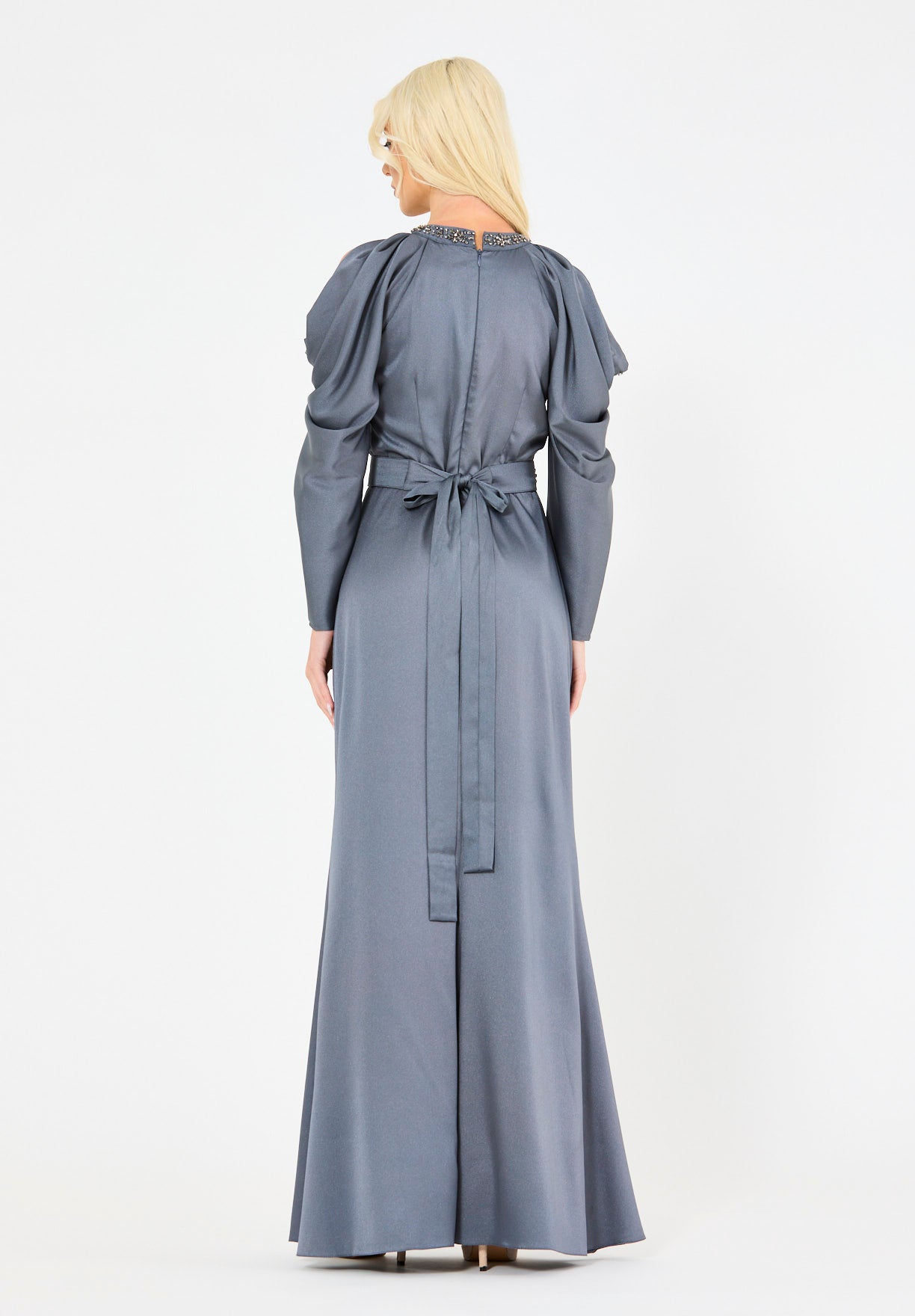 Dramatic Draped Sleeves Embellished Gown