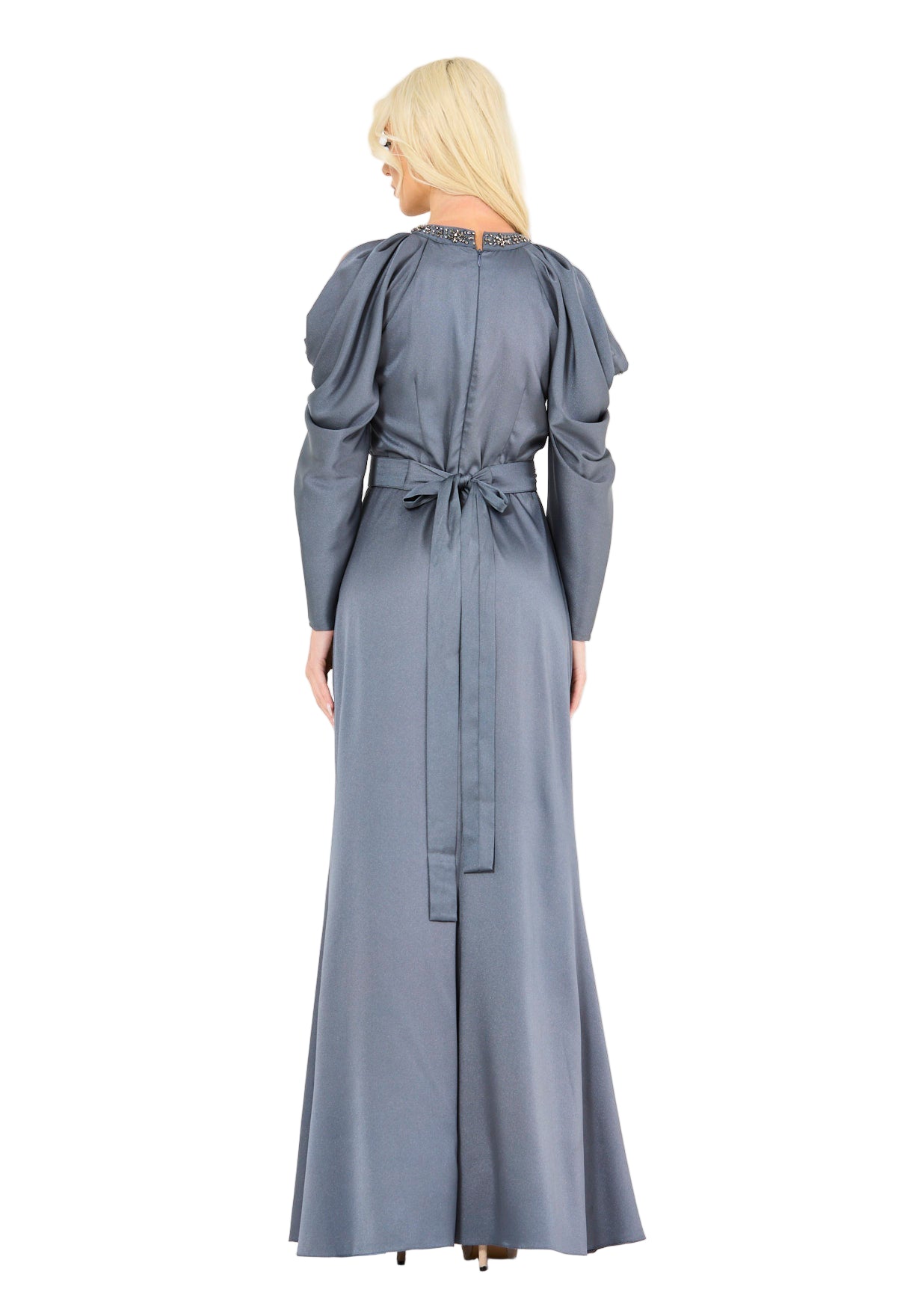 Dramatic Draped Sleeves Embellished Gown