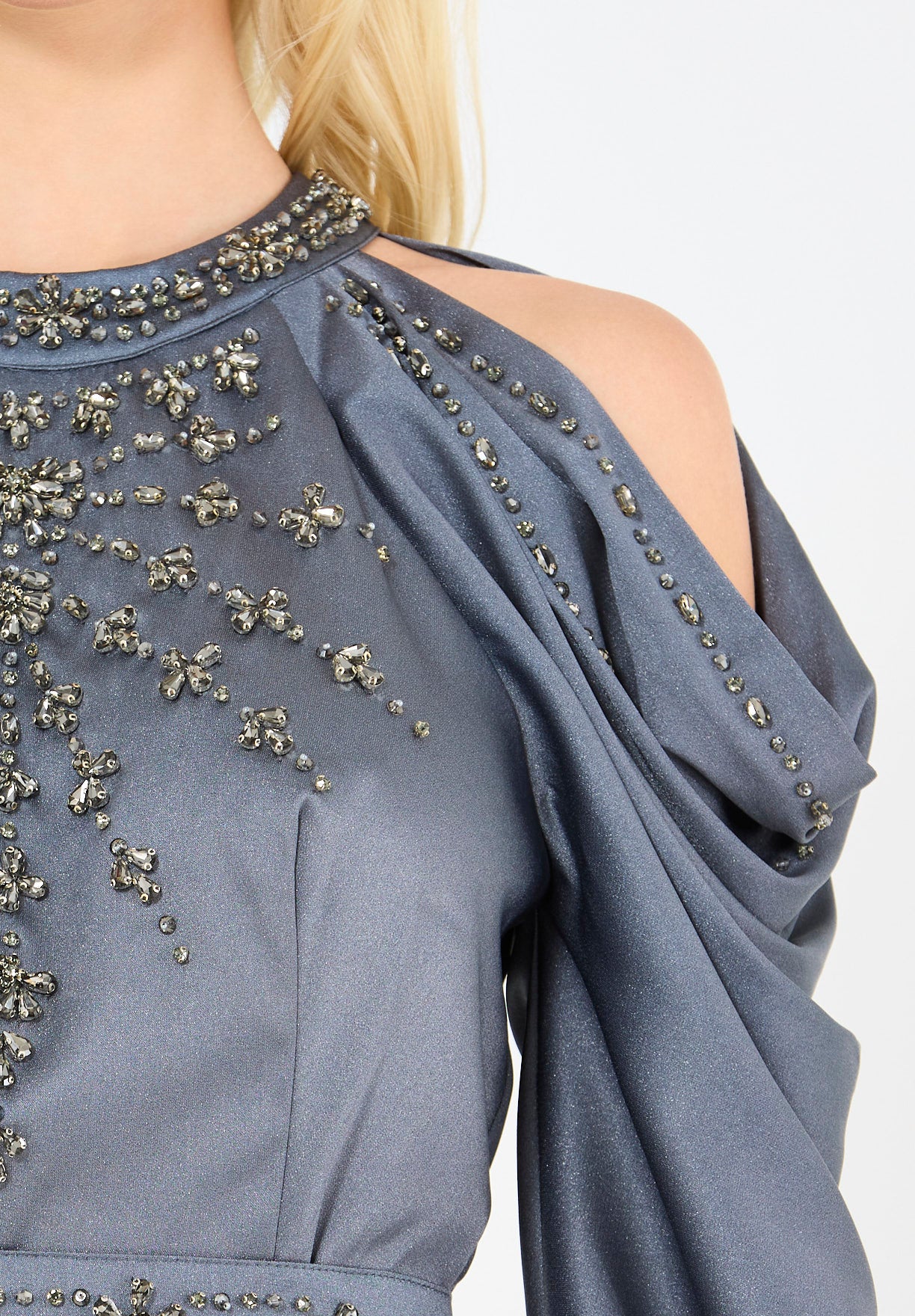 Dramatic Draped Sleeves Embellished Gown