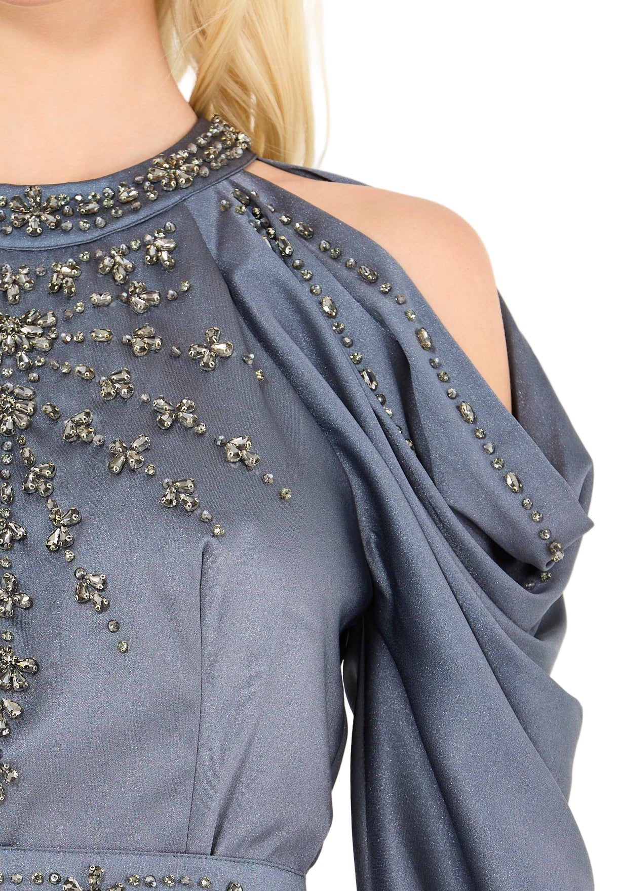 Dramatic Draped Sleeves Embellished Gown