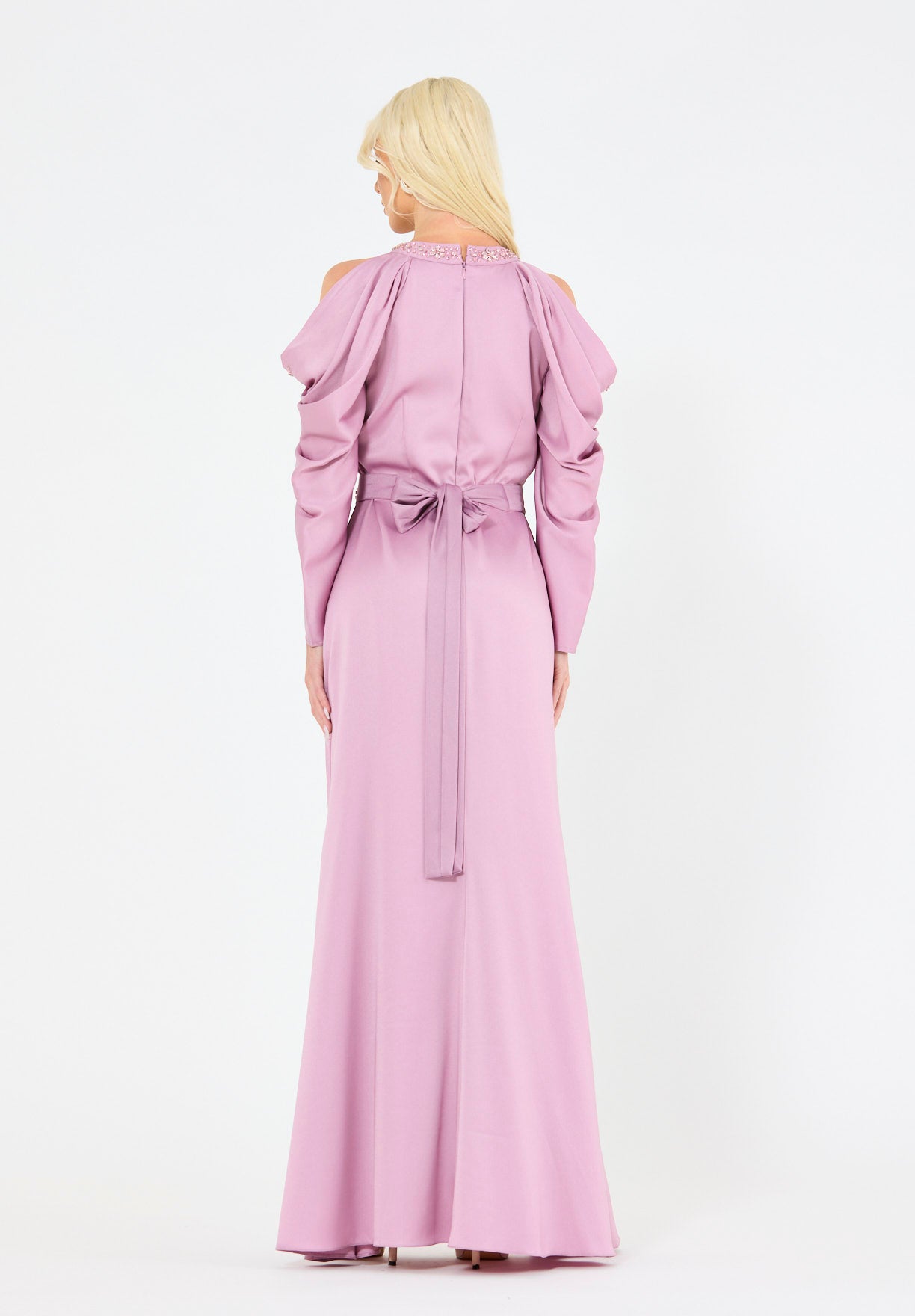 Dramatic Draped Sleeves Embellished Gown
