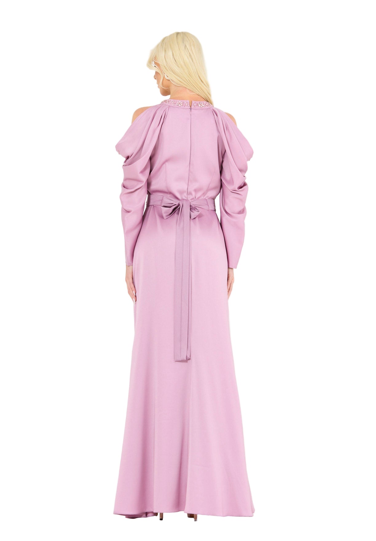 Dramatic Draped Sleeves Embellished Gown