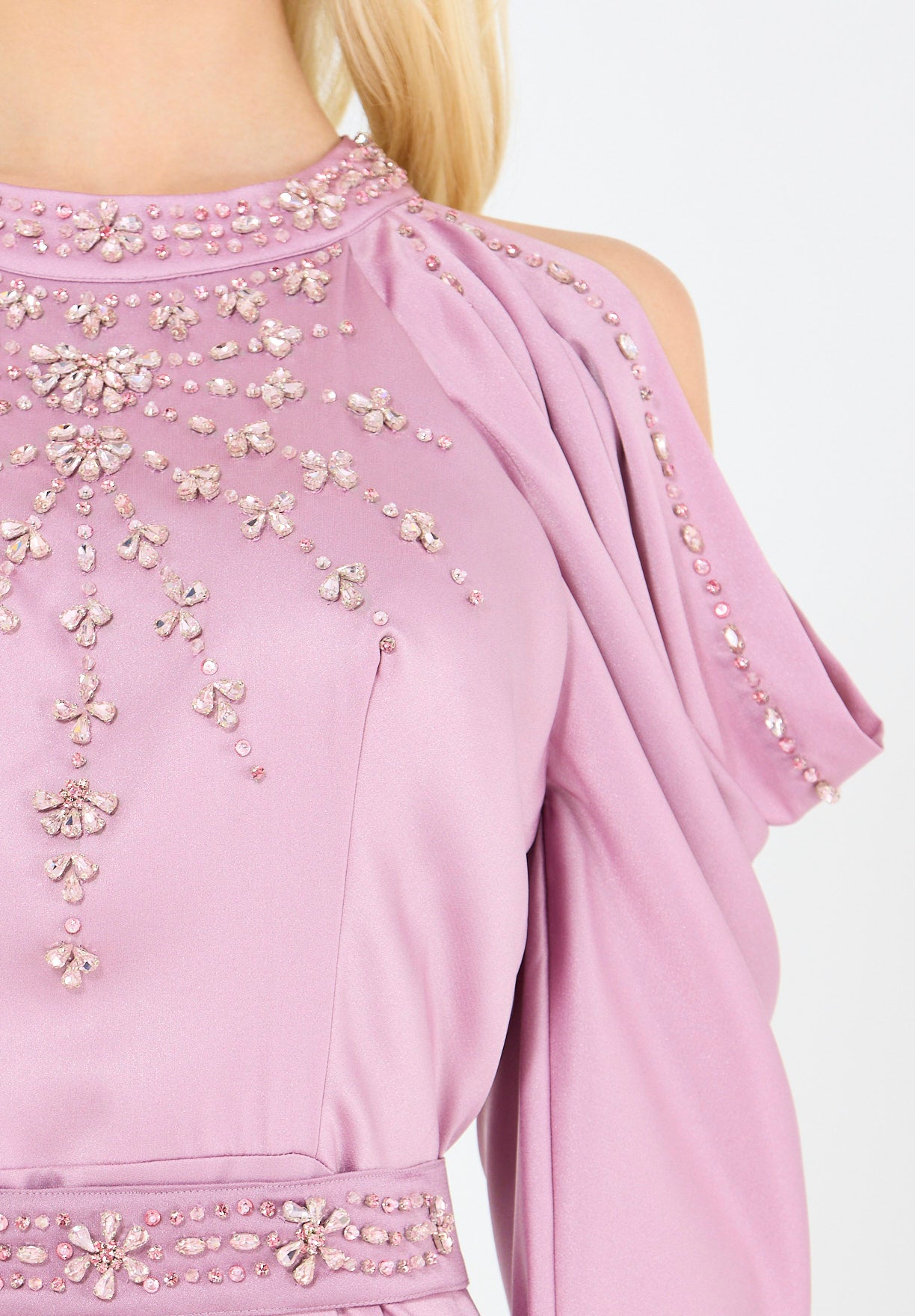 Dramatic Draped Sleeves Embellished Gown