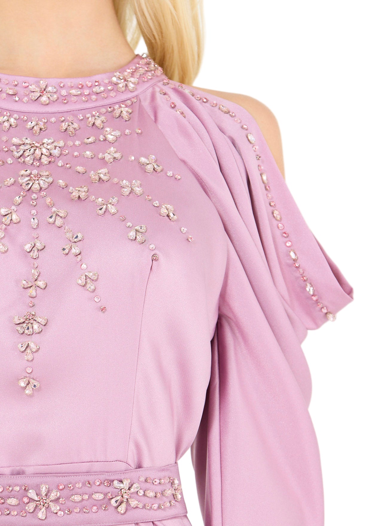 Dramatic Draped Sleeves Embellished Gown