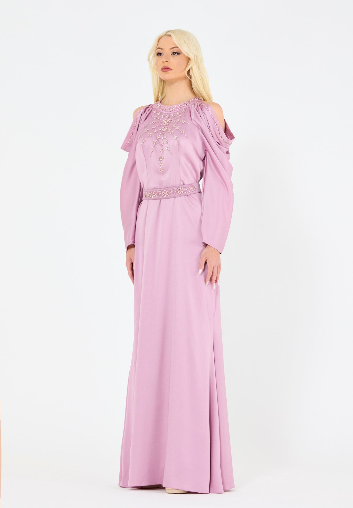 Dramatic Draped Sleeves Embellished Gown