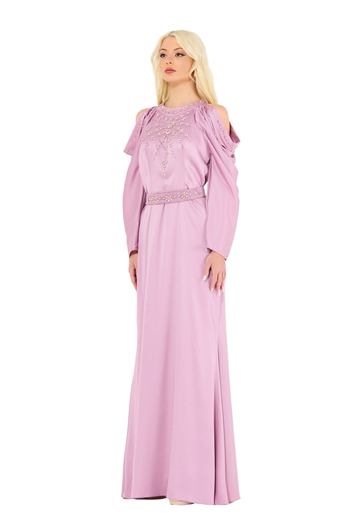 Dramatic Draped Sleeves Embellished Gown